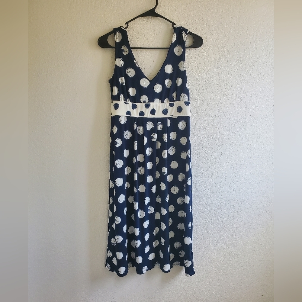 Merona Dress Navy Blue White Polka Dot Sleeveless‎ V-Neck Work Office School